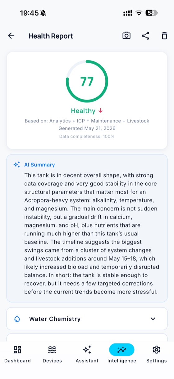ReefIQ health report with an AI tank summary